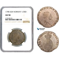 AL475, Norway, Christian VII, 1/3 Speciedaler 1798 IGM, Kongsberg Mint, Silver, NGC AU58