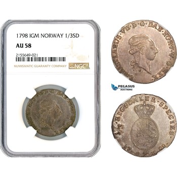 AL475, Norway, Christian VII, 1/3 Speciedaler 1798 IGM, Kongsberg Mint, Silver, NGC AU58