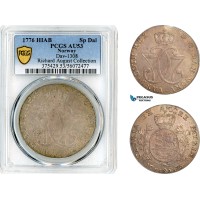 AL476, Norway, Christian VII, 1 Speciedaler 1776 HIAB, Copenhagen Mint, DAV-1308, Silver, PCGS AU53