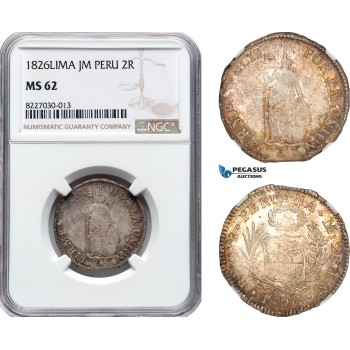 AL477, Peru, 2 Reales 1826 JM, Lima Mint, Silver, NGC MS62
