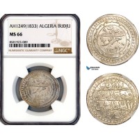 A12-008, Algeria, Mahmud II, Budju AH1249 (1833), Silver, KM-68, Light champagne toning, NGC MS66, Top Pop and single finest graded!