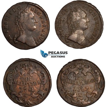 A12-032, Austria, Maria Theresia, Mixed lot, 1 Kreuzer 1761 K and 1 kreuzer 1762 K, all Karlsburg (Transylvania) Mint, VF-EF