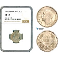 A12-116, Bulgaria, Boris III, 20 Leva 1940 A, Berlin Mint, Silver, KM-47, NGC MS63