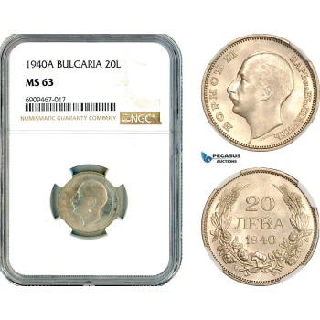 A12-116, Bulgaria, Boris III, 20 Leva 1940 A, Berlin Mint, Silver, KM-47, NGC MS63