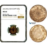 A12-167, Egypt, Ottoman Empire, Abdul Hamid II, 2 Qirsh AH1293//33 (1907) H, Heaton Mint, Silver, KM-295, NGC MS66