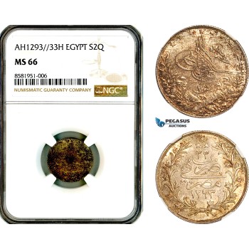 A12-167, Egypt, Ottoman Empire, Abdul Hamid II, 2 Qirsh AH1293//33 (1907) H, Heaton Mint, Silver, KM-295, NGC MS66 A12-167, Egypt, Ottoman Empire, Abdul Hamid II, 2 Qirsh AH1293//33 (1907) H, Heaton Mint, Silver, KM-295, NGC MS66