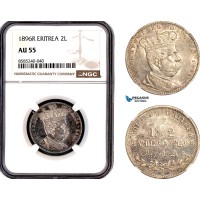 A12-179, Eritrea, Umberto I, 2 Lire 1896 R, Rome Mint, Silver, KM-3, Pagani 633, NGC AU55