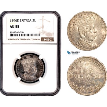 A12-179, Eritrea, Umberto I, 2 Lire 1896 R, Rome Mint, Silver, KM-3, Pagani 633, NGC AU55 A12-179, Eritrea, Umberto I, 2 Lire 1896 R, Rome Mint, Silver, KM-3, Pagani 633, NGC AU55