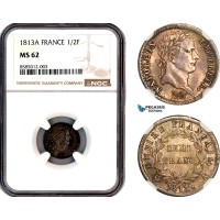 A12-220, France, Napoleon I, 1/2 Franc 1813 A, Paris Mint, Silver, KM-691, Old cabinet toning, NGC MS62