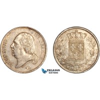 A12-226, France, Louis XVIII, 5 Francs 1816 Q, Perpignan Mint, Silver, Gad-614, Light toning, AU
