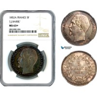 A12-236, France, Napoleon III, 5 Francs 1852 A, "J.J. Barre", Paris Mint, Silver, KM-773.1, Old cabinet toning, NGC MS63+, Rare!
