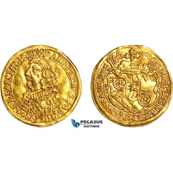 A12-267, Germany, Mainz, Johann Philipp, Ducat 1658 MF, Gold (3.43g), Fr. 1656, Light crease, XF