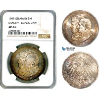 A12-286, Germany, Saxony, Friedrich August III, 5 Mark 1909, Silver, Leipzig University, Dav-906, Light cabinet toning, NGC MS65