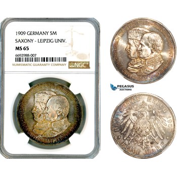 A12-286, Germany, Saxony, Friedrich August III, 5 Mark 1909, Silver, Leipzig University, Dav-906, Light cabinet toning, NGC MS65 A12-286, Germany, Saxony, Friedrich August III, 5 Mark 1909, Silver, Leipzig University, Dav-906, Light cabinet toning, NGC MS65