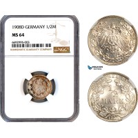 A12-292, Germany, Wilhelm II, 1/2 Mark 1908 D, Munich Mint, Silver, KM-17, Light toning, NGC MS64