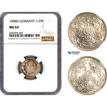 A12-292, Germany, Wilhelm II, 1/2 Mark 1908 D, Munich Mint, Silver, KM-17, Light toning, NGC MS64