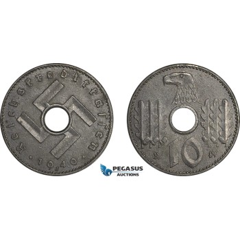 A12-304, Germany, Third Reich, Military coinage, 10 Reichspfennig 1940 J, Hamburg Mint, Jaeger 619, AU, Very Rare!