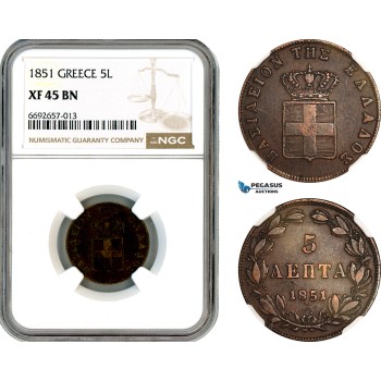 A12-326, Greece, Otto, 5 Lepta 1851, Athens Mint, KM-32, NGC XF45BN A12-326, Greece, Otto, 5 Lepta 1851, Athens Mint, KM-32, NGC XF45BN