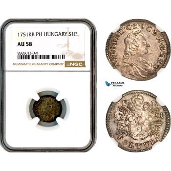 A12-352, Hungary, Maria Theresia, Poltura 1751 KB PH, Kremnitz Mint, Silver, Her-1737, NGC AU58, Top Pop and single finest graded! Rare!