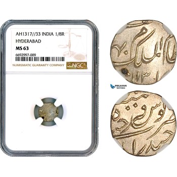 A12-363, India, Hyderabad, Ali Khan II, 1/8 Rupee AH1317//33, Hyderabad Mint, Silver, Y-14, NGC MS63
