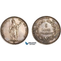 A12-398, Italy, Lombardy Venice, Provisional Government, 5 Lire 1848 M, Milan Mint, Silver, Dav-206, Cleaned long ago, old cabinet toning, AU