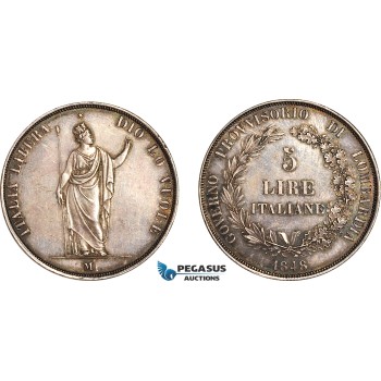 A12-398, Italy, Lombardy Venice, Provisional Government, 5 Lire 1848 M, Milan Mint, Silver, Dav-206, Cleaned long ago, old cabinet toning, AU A12-398, Italy, Lombardy Venice, Provisional Government, 5 Lire 1848 M, Milan Mint, Silver, Dav-206, Cleaned long ago, old cabinet toning, AU