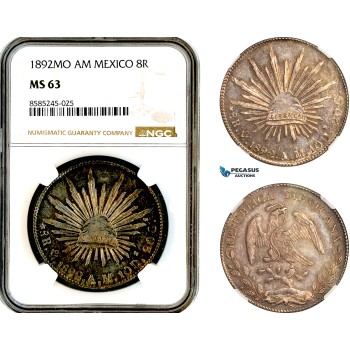 A12-459, Mexico, 8 Reales 1892 Mo AM, Mexico City Mint, Silver, KM-377.10, Lustrous toning, NGC MS63