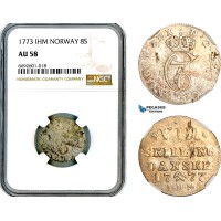 A12-535, Norway, Christian VII of Denmark, 8 Skilling 1773, Kongsberg Mint, Silver, KM-251, NGC AU58