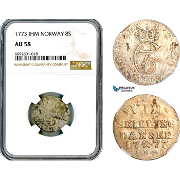 A12-535, Norway, Christian VII of Denmark, 8 Skilling 1773, Kongsberg Mint, Silver, KM-251, NGC AU58