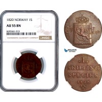 A12-536, Norway, Carl XIV of Sweden, Skilling 1820, Kongsberg Mint, KM-286, NGC AU55BN