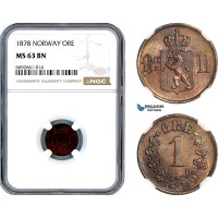 A12-539, Norway, Oscar II, Øre 1878, KM-352, Kongsberg Mint, NGC MS63BN