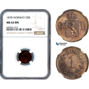 A12-539, Norway, Oscar II, Øre 1878, KM-352, Kongsberg Mint, NGC MS63BN