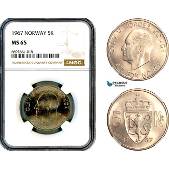 A12-542, Norway, Olav V, 5 Kroner 1967, KM-412, NGC MS65