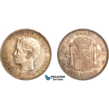 A12-548, Philippines, Spanish Colony, Alfonso XIII, Peso 1897 SG V, Manila Mint, Silver, KM-154, Amber toning, Light cleaning, AU