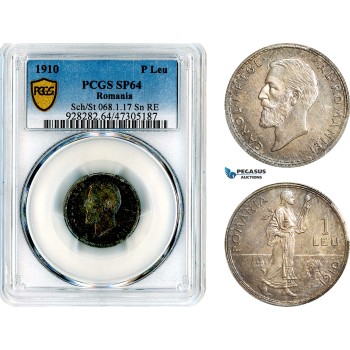 A12-633, Romania, Carol I, Pattern 1 Leu 1910, Brussels Mint, Tin, Reeded edge, coin rotation, Schäffer/Stambuliu 068 var, PCGS SP64