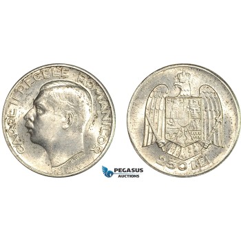 A12-642, Romania, Carol II, Pattern 250 Lei 1935, Bucharest Mint, Tin (8.62g) Plain edge, Coin rotation, Schäffer/Stambuliu 255 var. (Unpublished metal) Brilliant UNC, Very rare! A12-642, Romania, Carol II, Pattern 250 Lei 1935, Bucharest Mint, Tin (8.62g) Plain edge, Coin rotation, Schäffer/Stambuliu 255 var. (Unpublished metal) Brilliant UNC, Very rare!