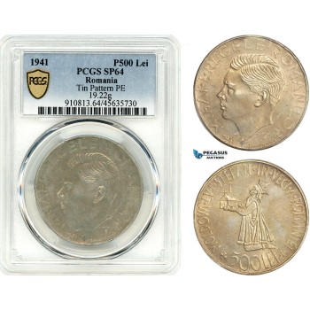 A12-645, Romania, Mihai I, Pattern 500 Lei 1941, Bucharest Mint, Tin (19.22g) Plain edge, Medal rotation, Schäffer/Stambuliu -- (Unpublished) PCGS SP64 Top Pop!, Rare!