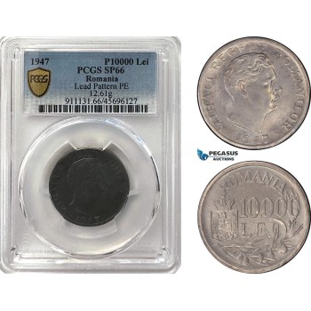 A12-646, Romania, Mihai I, Pattern 10000 Lei 1947, Bucharest Mint, Tin (12.61g) Plain edge, Medal rotation, Schäffer/Stambuliu (Unpublished), PCGS SP66, Top Pop! Very Rare! A12-646, Romania, Mihai I, Pattern 10000 Lei 1947, Bucharest Mint, Tin (12.61g) Plain edge, Medal rotation, Schäffer/Stambuliu (Unpublished), PCGS SP66, Top Pop! Very Rare!