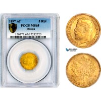 A12-805, Russia, Nicholas II, 5 Roubles 1897 АГ, St. Petersburg Mint, Gold, Bitkin-18, PCGS MS65