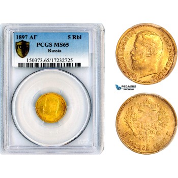 A12-805, Russia, Nicholas II, 5 Roubles 1897 АГ, St. Petersburg Mint, Gold, Bitkin-18, PCGS MS65
