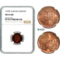 AL481, Albania, Zog I, 1 Qindar Ar 1935 R, Rome Mint, NGC MS65RB AL481, Albania, Zog I, 1 Qindar Ar 1935 R, Rome Mint, NGC MS65RB