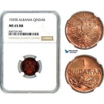 AL481, Albania, Zog I, 1 Qindar Ar 1935 R, Rome Mint, NGC MS65RB AL481, Albania, Zog I, 1 Qindar Ar 1935 R, Rome Mint, NGC MS65RB