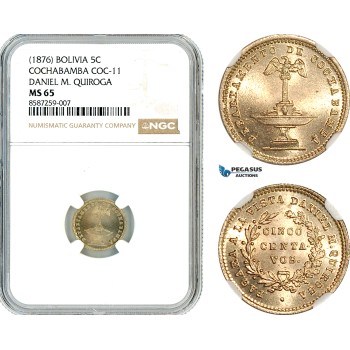 AL484, Bolivia, Cochabamba, 5 Centavos 1876, Coc-11,  Daniel M. Quiroga, NGC MS65
