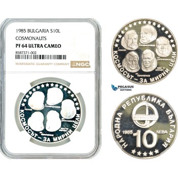 AL489, Bulgaria, 10 Leva 1985, Sofia Mint, Silver, Cosmonauts, NGC PF64 Ultra Cameo