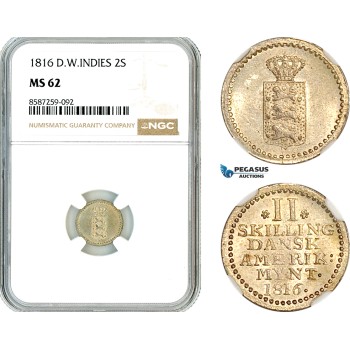 AL490, Danish West Indies, Frederick VI, 2 Skilling 1816, Silver, NGC MS62 AL490, Danish West Indies, Frederick VI, 2 Skilling 1816, Silver, NGC MS62