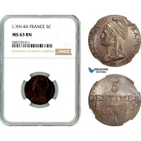 AL491, France, First Republic, 5 Centimes L'An 4 A (1795), Paris Mint, NGC MS63BN AL491, France, First Republic, 5 Centimes L'An 4 A (1795), Paris Mint, NGC MS63BN