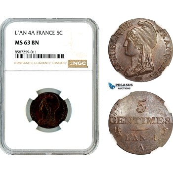 AL491, France, First Republic, 5 Centimes L'An 4 A (1795), Paris Mint, NGC MS63BN