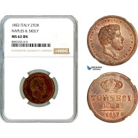 AL496, Italy, Naples & Sicily, Ferdinand II, 2 Tornesi 1852, Naples Mint, NGC MS62BN