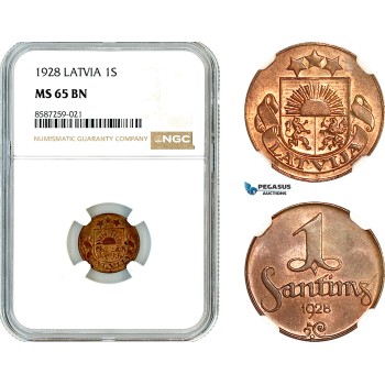 AL498, Latvia, 1 Santims 1928, NGC MS65BN, Top Pop!