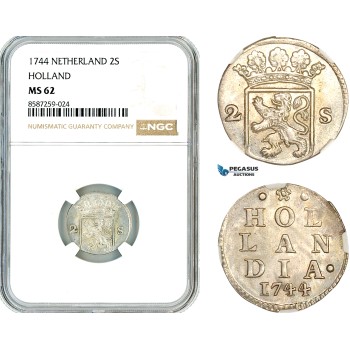 AL500, Netherlands, Holland, 2 Stuivers 1744, Dordrecht Mint, Silver, NGC MS62